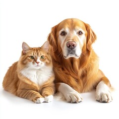 Fototapeta premium Isolated on a white background are three friendship animals: a golden retriever puppy, a tabby cat, and a black cat.