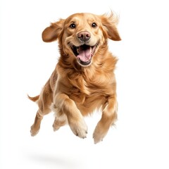 Isolated on white background, a golden retriever dog smiles and jumps