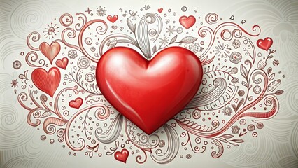 Whimsical illustration of a bright red heart surrounded by playful scribbles, doodles, and swirls on a white background, exuding joy and creative passion.