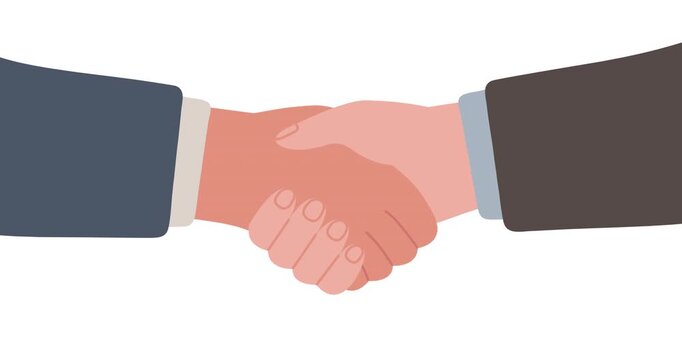 Handshake animated on white background. Helping hand. Hand shake team together. Man communication, business agreement, partnership. Sign contract, peace. Video 4K motion flat graphic animation