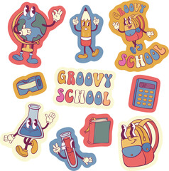 Retro groovy school stickers design