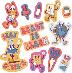 Retro groovy school stickers design