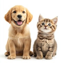 A cute puppy and a tabby cat sat on a white background as if they were friends