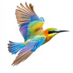 Fototapeta premium Isolated white background with a multicolor tropical bird flying