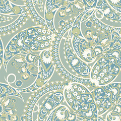Floral seamless pattern with paisley ornament. Vector illustration in asian textile style 