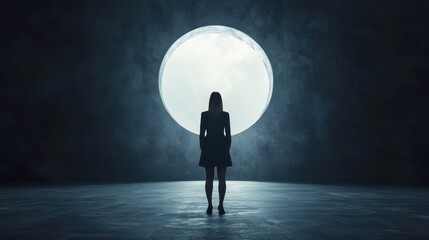 Obraz premium A solitary figure stands before a large moonlit window, creating a sense of mystery and contemplation in a dark, surreal space.