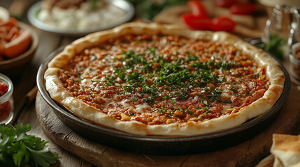 Turkish pizza (lahmacun) with a crispy crust, generously topped with minced meat and vegetables, garnished with fresh herbs, served on a wooden board