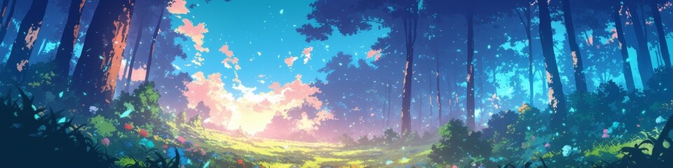 Obraz premium Vibrant Anime-Style Forest: Enchanting Christmas Wonderland for Creative Marketing. Colorful Digital Art Illustration Perfect for UI Design, Web Posters, and 4K Wallpapers. Captivating Storybook Atmos