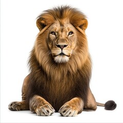 Fototapeta premium Angry African lion looking straight at the camera. Isolated on transparent background.