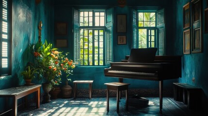 A grand piano sits in a room with teal walls, wooden floors, and large windows with shutters.  Sunlight streams through the windows, creating a sense of peace.