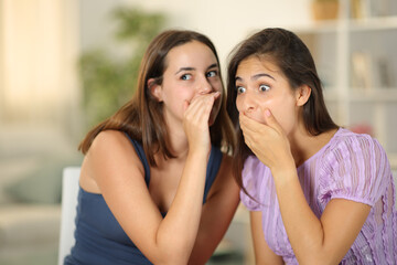 Gossip woman telling secret to her friend