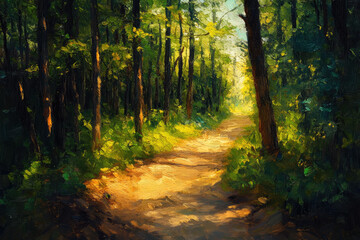 Fototapeta premium Ancient Forest Path Oil Painting in Vibrant Colors