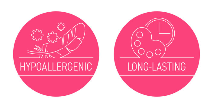 Cosmetics products benefits icons - long-lasting, hypoallergenic