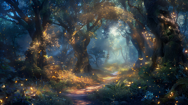 Fototapeta Landscape of a jungle full of fireflies at night.