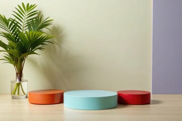 A marble podium sits in front of a green background with tropical plants and rocks, podium stage background