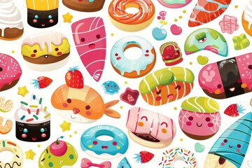 Fototapeta premium Cute Cartoon Food Pattern with Donuts, Sushi and Desserts