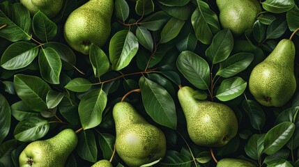 Seamless pattern of green pears and lush leaves on a dark background. A modern, fresh design ideal for nature-inspired, contemporary concepts.