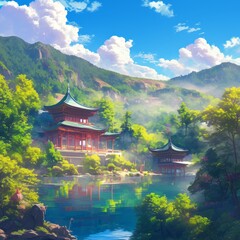 Enchanting Chinese Temple Landscape: Anime-Style Forest and Mountain Scenery for Creative Marketing. Vibrant Digital Art Illustration Ideal for UI Design, Web Posters, and 4K Wallpapers. Captivating C
