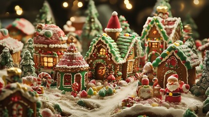 Fototapeta premium christmas decoration, A Christmas Santa village made of cookies and candy, chritsmas village landscape, gingerbread houses