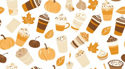 Seamless pattern of autumn desserts and leaves on a beige background. Ideal for fall, festive, and Thanksgiving designs.