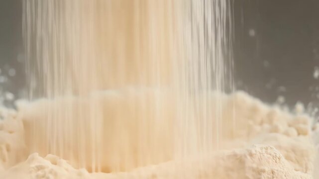 Delicately sifting flour into a bowl for baking treats, showcasing the light and powdery texture. Close up of white powder falling through a sifter, perfect for culinary concepts