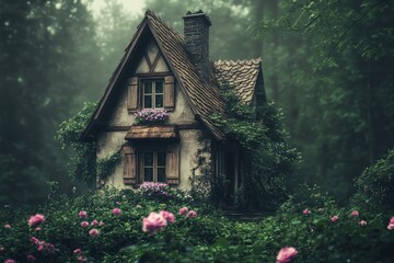 Charming cottage with warm glowing windows, nestled in a misty forest surrounded by blooming pink flowers and lush greenery.