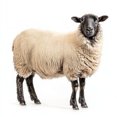 Isolated on transparent background, a full-body portrait of a sheep shows the side view, full body, in full size