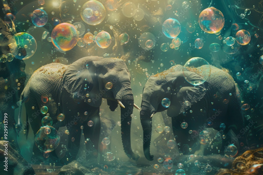 Fototapete elephants interact curiously in a playful, mystical setting surrounded by vibrant, floating bubbles,