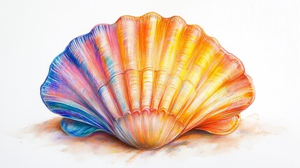 Fototapeta premium sea shell isolated on white, a summer shell drawing created with oil pastels