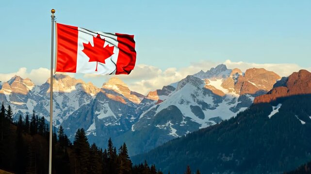 Canada flag waving against mountains landscape background at sunset. Patriotism and national pride concept. Government and politics. Cultural heritage. Democratic elections