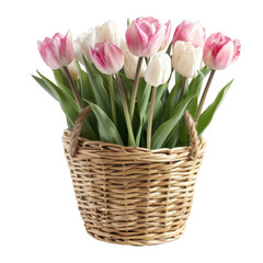 Pink and White Tulips in Basket