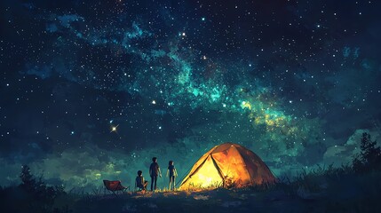 A nuclear family camping under the stars, with a cozy tent and a glowing campfire, watercolor style