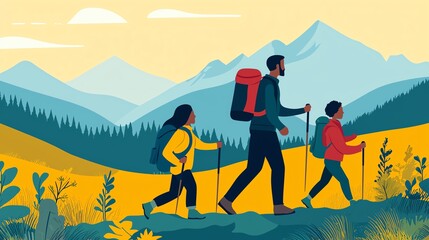 Interracial family hiking in the mountains, flat design, side view, nature adventure theme, cartoon drawing, Complementary Color Scheme