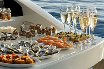A table full of food and drinks, including oysters, is set up on a boat