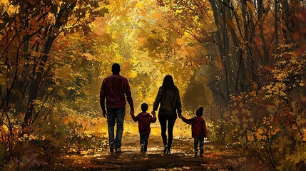 Interracial parents walking hand in hand with their children in an autumn forest, raw, vibrant fall colors, realistic