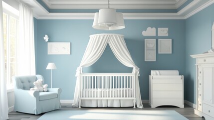 White crib with canopy in a blue baby nursery with a blue armchair and a white dresser.