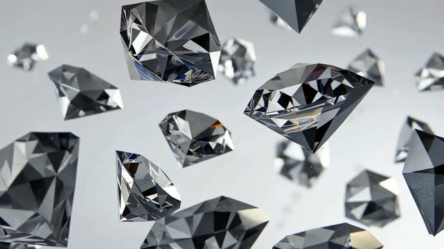 Sparkling diamonds of perfect conical shape shimmer and spin in a mesmerizing dance of light, reflecting countless colors as they fall, their facets catching every ray