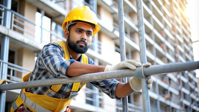 Indian Construction Worker on Scaffold - Worker securely positioned on a scaffold, working on a high-rise building.
