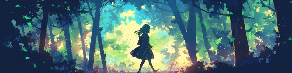 Obraz premium Enchanting Anime-Style Girl Walking Alone in Magical Forest: Creative Abstract Design for Seasonal Marketing. Whimsical Digital Art for Christmas Cards, Winter Themes, and Storybook Illustrations. Ver
