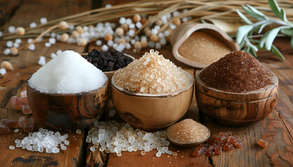 Fototapeta premium Different types of sugar on wooden table