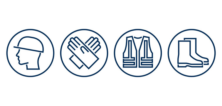 PPE required - personal protective equipment icons in bold lines