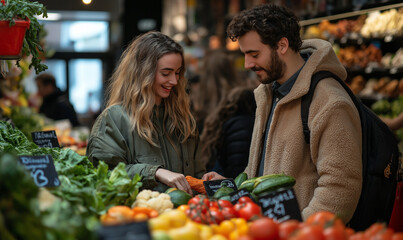 Couple shopping for Thanksgiving groceries in a local market, selecting fresh produce and discussing meal plans, showcasing the preparation and anticipation of the holiday