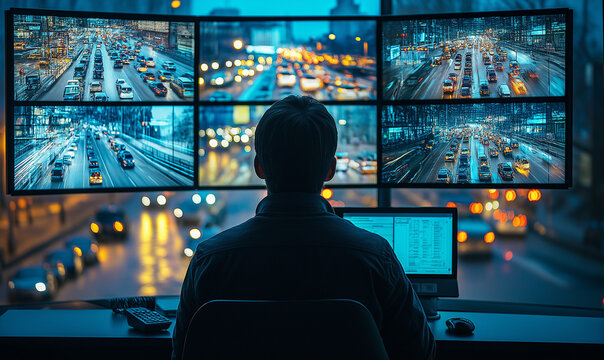 Security operator monitoring multiple city surveillance screens in dimly lit control room. Urban safety professional overseeing traffic and street cameras for real-time monitoring