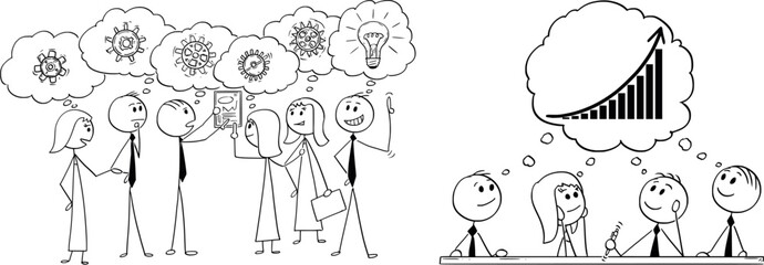 Stick Figure Business Illustrations Showing Collaborative Teamwork, Brainstorming Sessions, and Strategic Planning for Business Growth, Creativity, and Idea Development in Office Environments