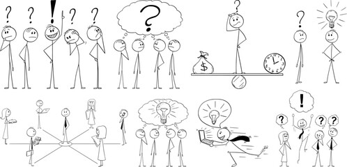 Stick Figure Business Illustrations Depicting Teamwork, Problem Solving, Decision Making, Brainstorming, and Creative Ideas in Office Settings for Vector Design Concepts