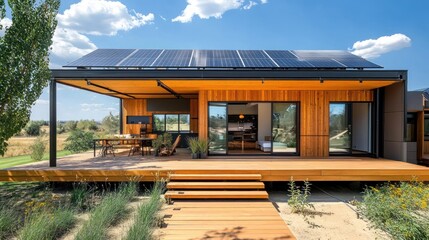 Obraz premium Modern home with solar panels, wooden deck, and glass doors.