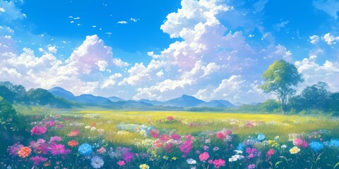 Enchanting Anime-Style Flower Field Landscape: Creative Abstract Design for Seasonal Marketing. Vibrant Digital Art for Christmas Cards, Winter Themes, and Storybook Illustrations. Versatile UI Decora