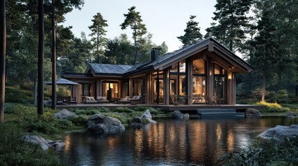Fototapeta premium Modern cabin with large windows overlooking a lake.