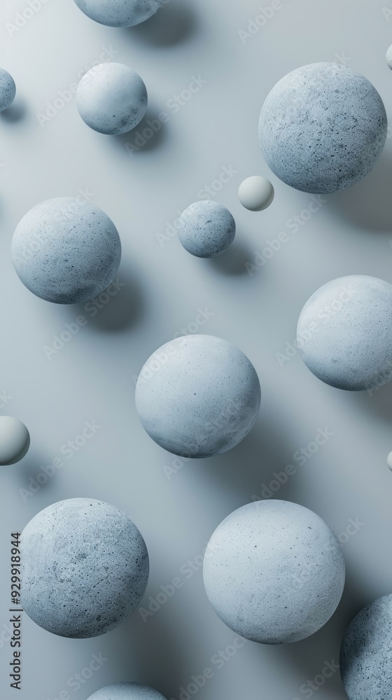 Poster different-sized gray spheres float in a serene space, showcasing a captivating arrangement and contr