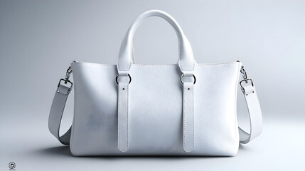 Sleek white handbag with dual handles and adjustable strap.